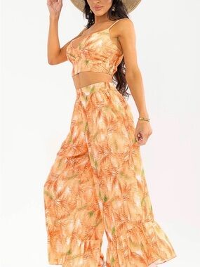 Women's Orange Tropical Print Wide-Leg Pant set
